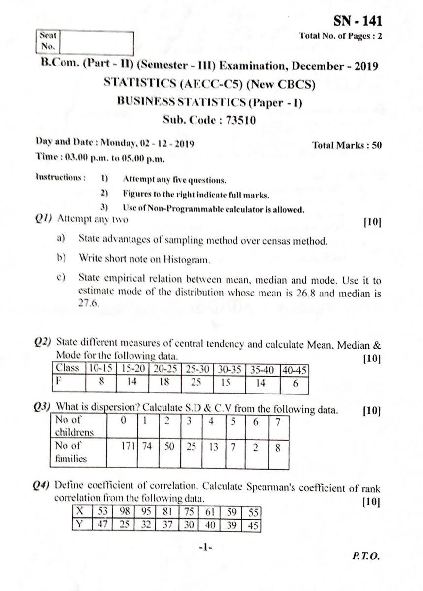 Business Statistics Paper I Old Question Papers [Links]