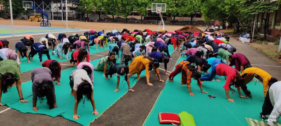Students of D.R.K College of Commerce, Dept. Of Physical Education and Sports are practicing for International Yoga day on 21st June 2022