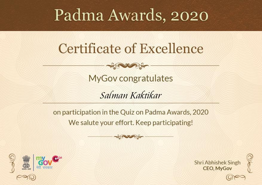 Mr. Salman Kaktikar has Participated in Various Quiz held by Government of India