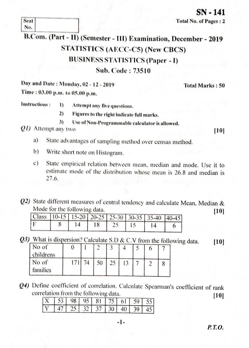 Business Statistics Paper I Old Question Pape